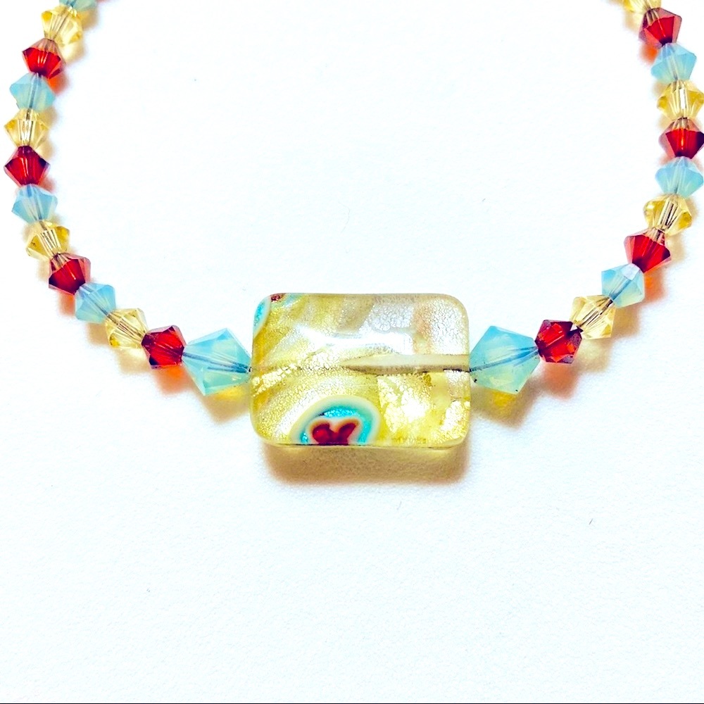 Foiled Glass and Yellow Blue Brown Swarovski Handmade Bracelet